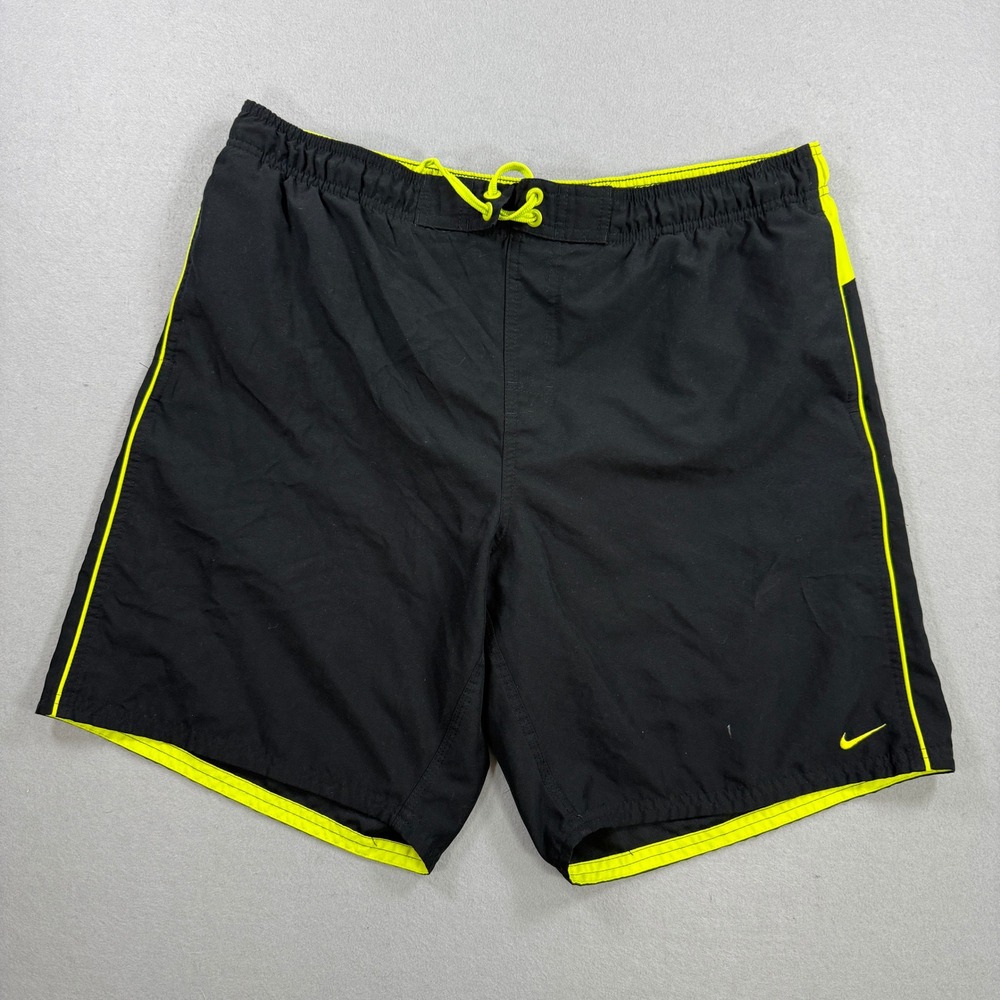 Nike Swim Trunks Mens L Black Neon Yellow Volt Board Shorts Swimwear Mesh Lined